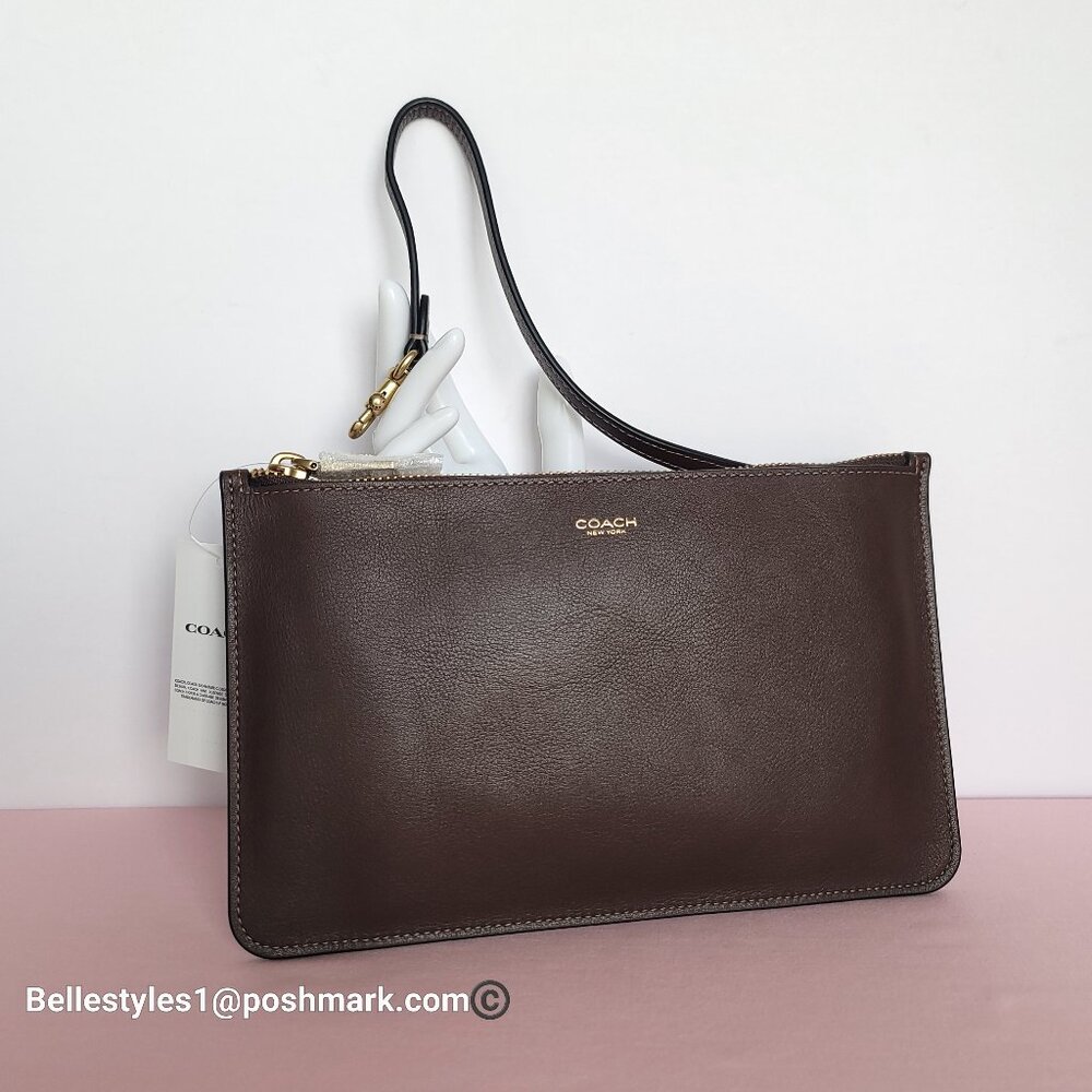 COACH Natural Grain Leather Top-Zip Pouch with Dog-clip Leash- Maple color⭐ - Picture 4 of 16